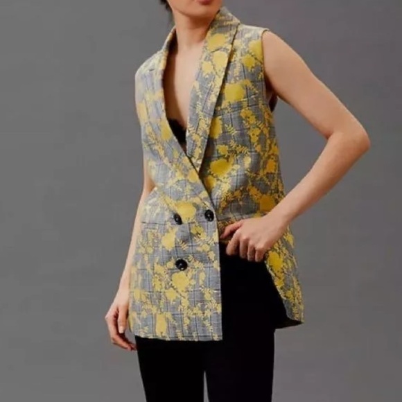 Hutch Longline Vest Grey Plaid Yellow Floral Small Double Breasted - Picture 1 of 15